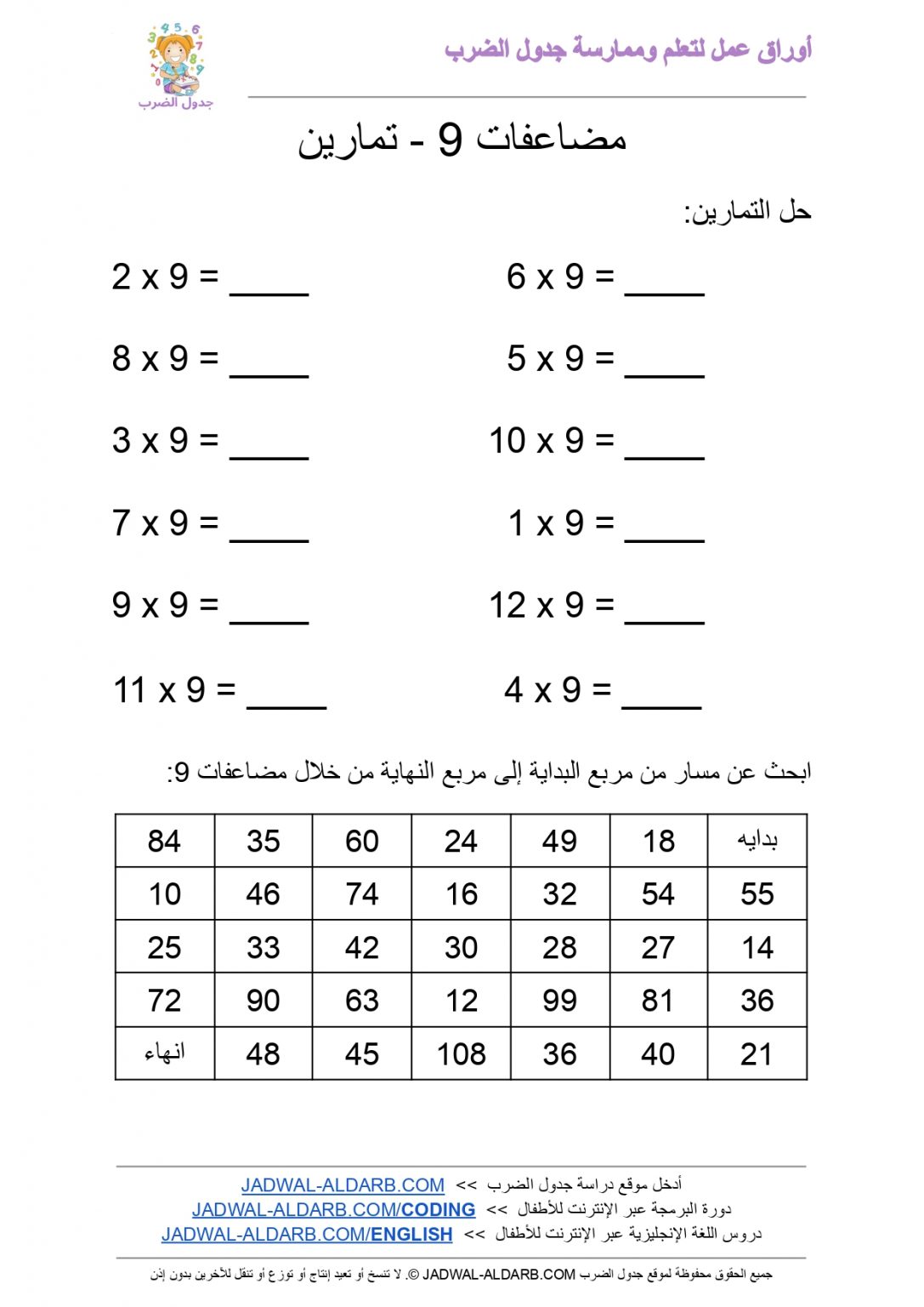 جدول ضرب ٩ ️ موقع تعلم وحفظ جدول الضرب 9