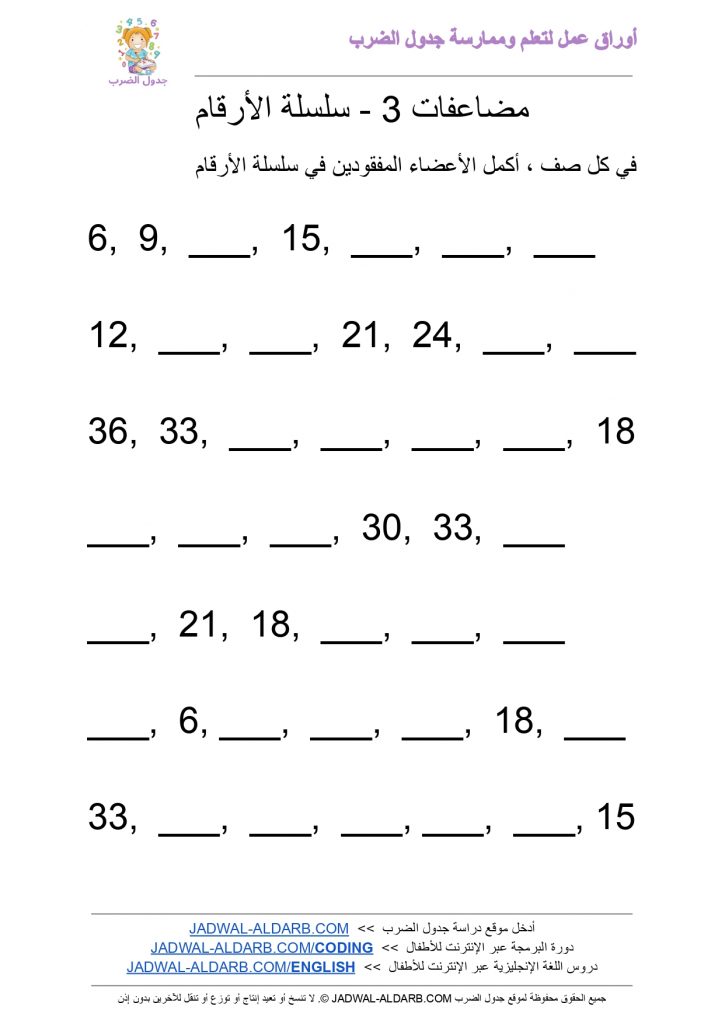 جدول الضرب 3 ثلاثة ٣ PDF ورقة عمل - سلسلة الأرقام JADWAL-ALDARB.COM