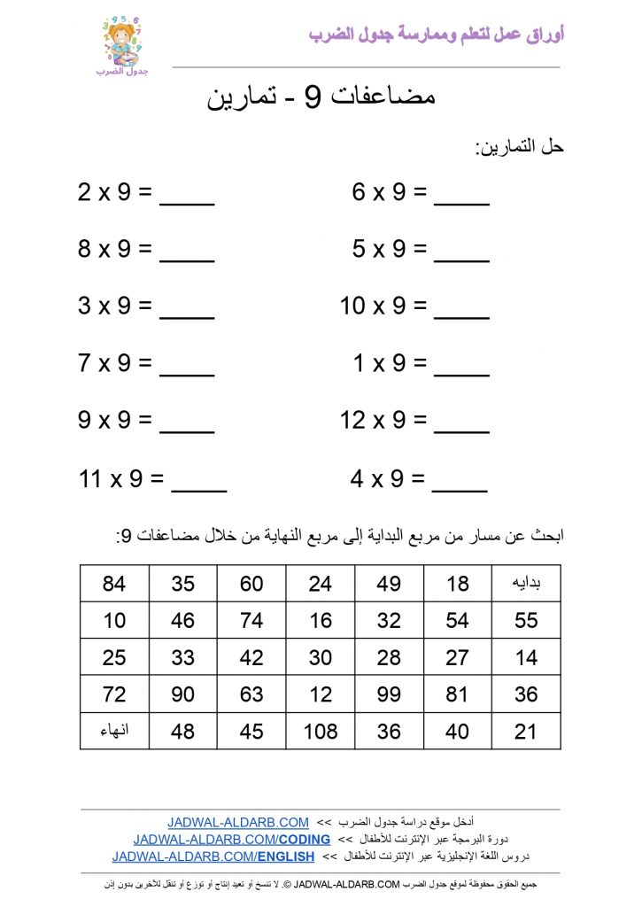جدول الضرب 9 تسعة ٩ PDF ورقة عمل JADWAL-ALDARB.COM_page-0001