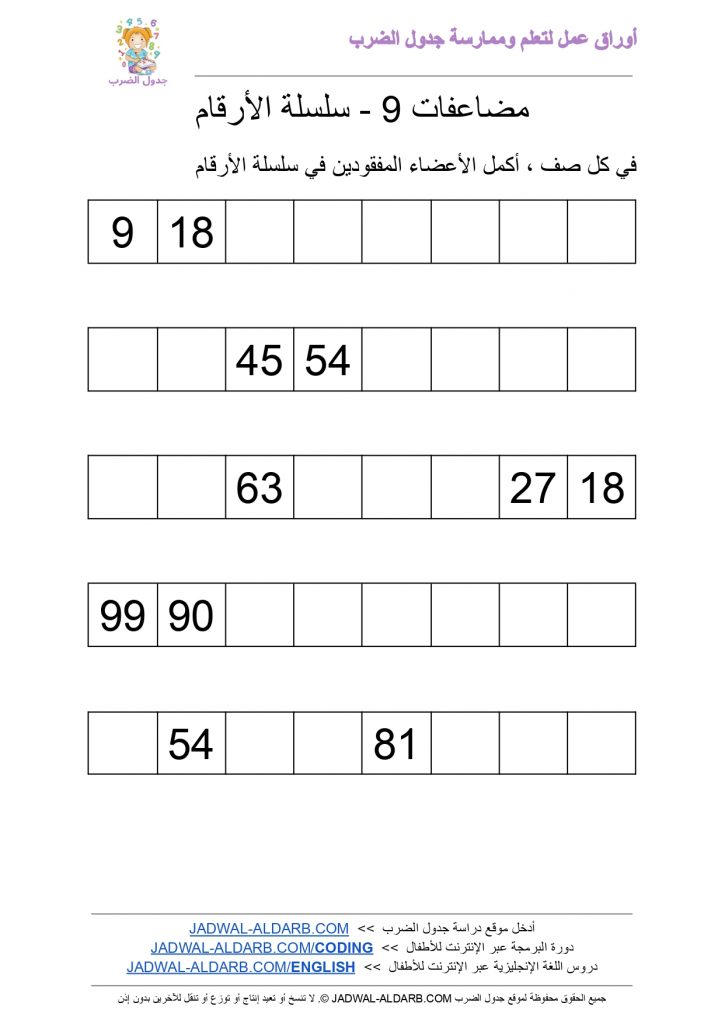 جدول الضرب 9 تسعة ٩ PDF ورقة عمل - سلسلة الأرقام JADWAL-ALDARB.COM_page-0001
